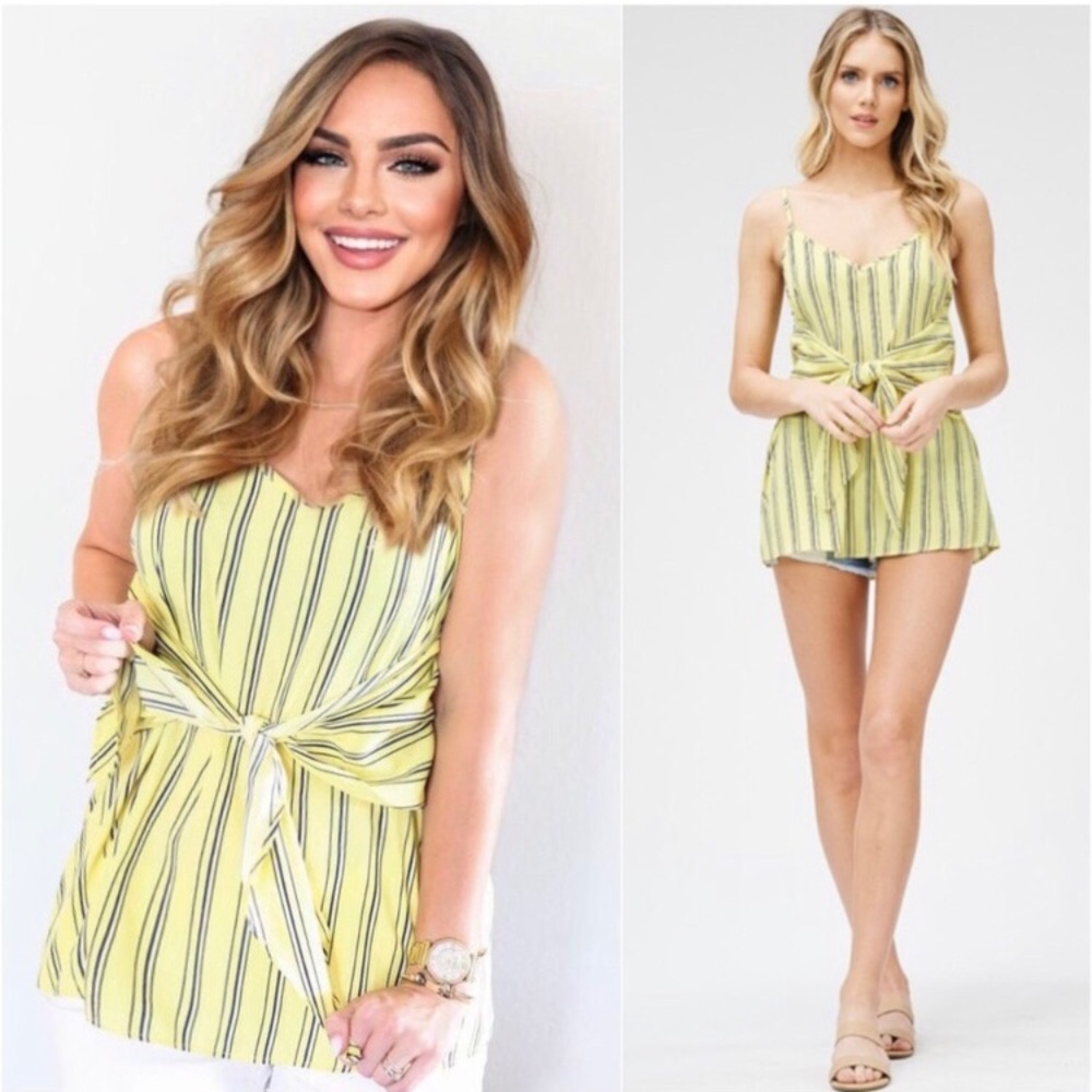 Yellow spring summer striped tie front top - Picture 3 of 4